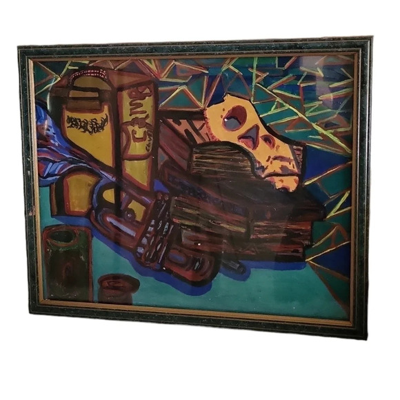 Still Life Trumpet Books Skull Blue Red Painting Framed - Picture 3 of 3